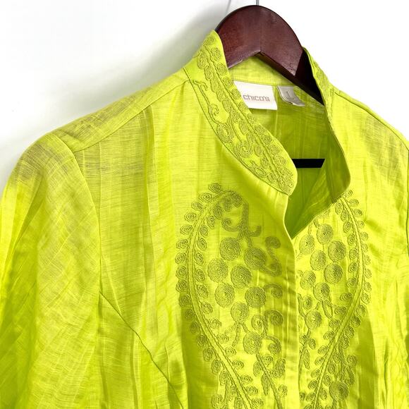 Chicos Sz Medium 1 US 8/10 Neone Green LINEN BLEND Tropical Blouse Shirt Top - Picture 3 of 9